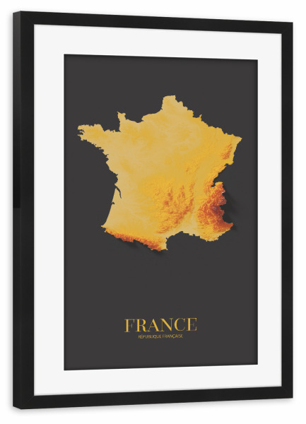 Poster mit Rahmen schwarz "Frankreich 3D-Karte – Gold" artboxONE - Reise,Kartografie