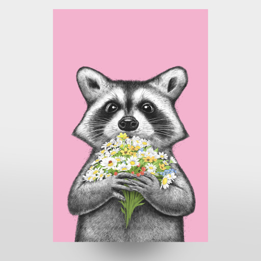 Raccoon with daisies