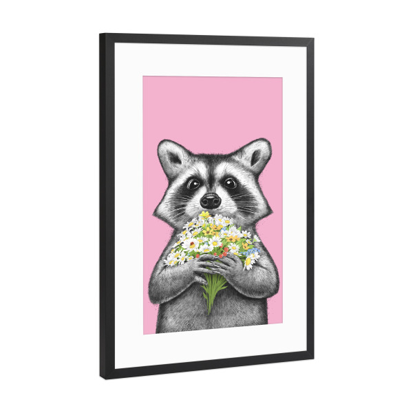Poster mit Rahmen Schwarz (Metallic) "Waschbär mit Gänseblümchen" artboxONE - Tiere,Lustig
