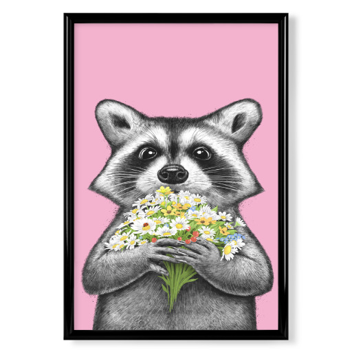 Raccoon with daisies