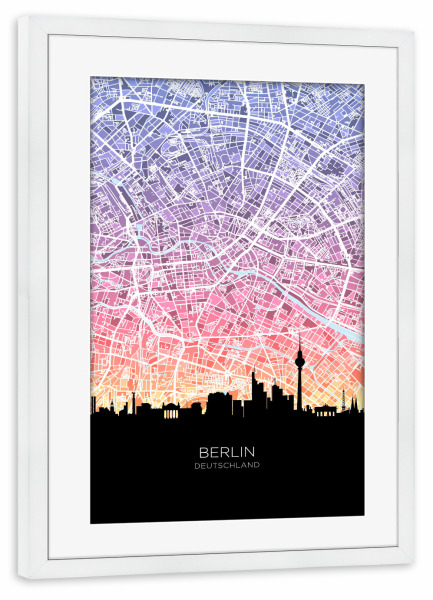 Poster mit Rahmen weiß "Berliner Skyline-Karte Pastell" artboxONE - Städte,Städte / Berlin