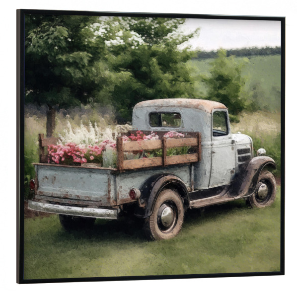 Poster mit schwarzem Rahmen 30x30 cm "Blumenabholung E" artboxONE - Natur,Floral,Automobile - Vintage,Automobil,Pickup,Lkw,Blumen,Blume,Feld,Natur