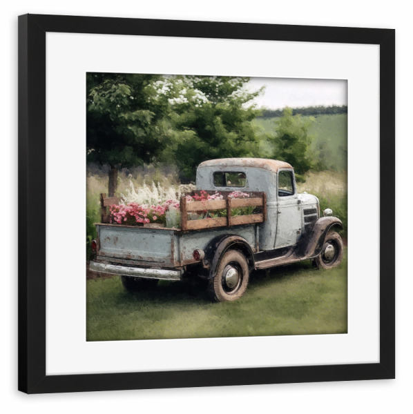 Poster mit Rahmen schwarz "Blumenabholung E" artboxONE - Natur,Floral,Automobile - Vintage,Automobil,Pickup,Lkw,Blumen,Blume,Feld,Natur
