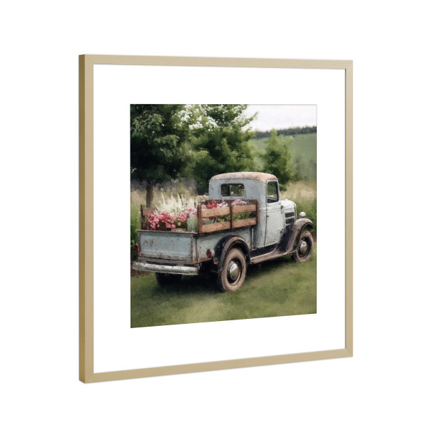 Poster mit Rahmen Gold "Blumenabholung E" artboxONE - Natur,Floral,Automobile - Vintage,Automobil,Pickup,Lkw,Blumen,Blume,Feld,Natur