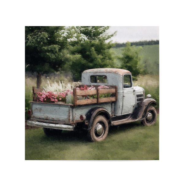 Poster 20x20 cm "Blumenabholung E" artboxONE - Natur,Floral,Automobile - Vintage,Automobil,Pickup,Lkw,Blumen,Blume,Feld,Natur