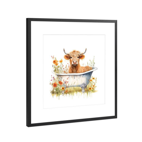 Poster mit Rahmen Schwarz (Metallic) "Highland Cow Tub S" artboxONE - Floral,Tiere - Tiere,Kuh,Rinder,Hochland,Bad,Wanne,Blumen,Blume,Niedlich