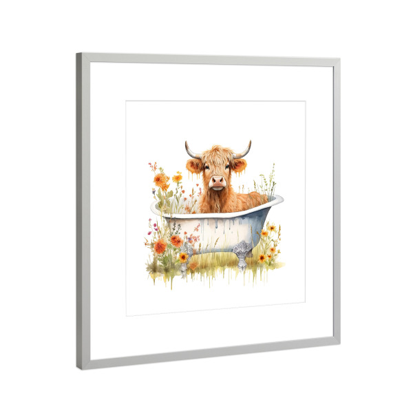 Poster mit Rahmen Silber "Highland Cow Tub S" artboxONE - Floral,Tiere - Tiere,Kuh,Rinder,Hochland,Bad,Wanne,Blumen,Blume,Niedlich