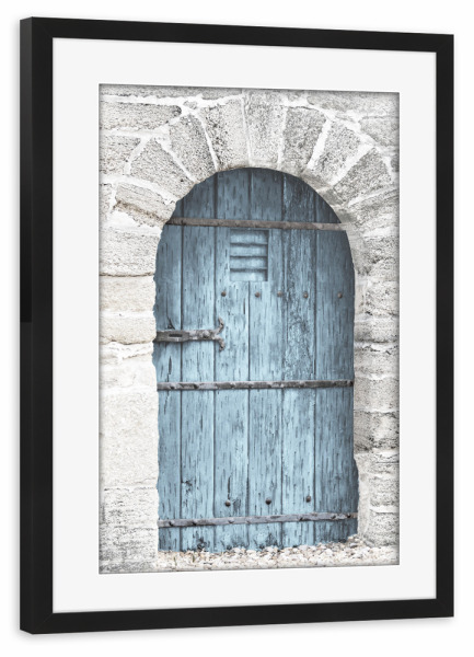 Poster mit Rahmen schwarz "Staubige blaue Tür E" artboxONE - Architektur - Architektur,Türen,Tür,Häuser,Zuhause,Blau