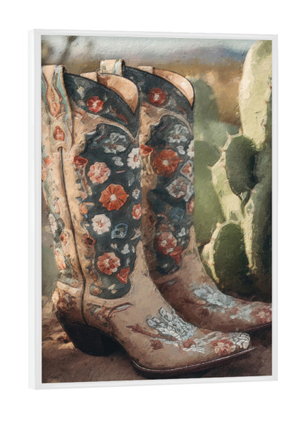 Poster mit weißem Rahmen "Cowgirl-Stiefel J" artboxONE - Natur,Floral,Fashion - Wüste,Landschaft,Western,Mode,Kaktus,Blumen,Blume,Cowgirl,Stiefel