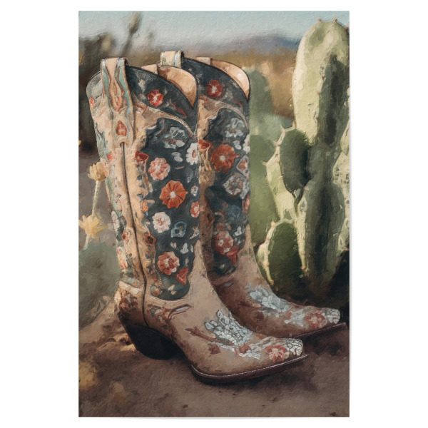 Poster 30x20 cm "Cowgirl-Stiefel J" artboxONE - Natur,Floral,Fashion - Wüste,Landschaft,Western,Mode,Kaktus,Blumen,Blume,Cowgirl,Stiefel