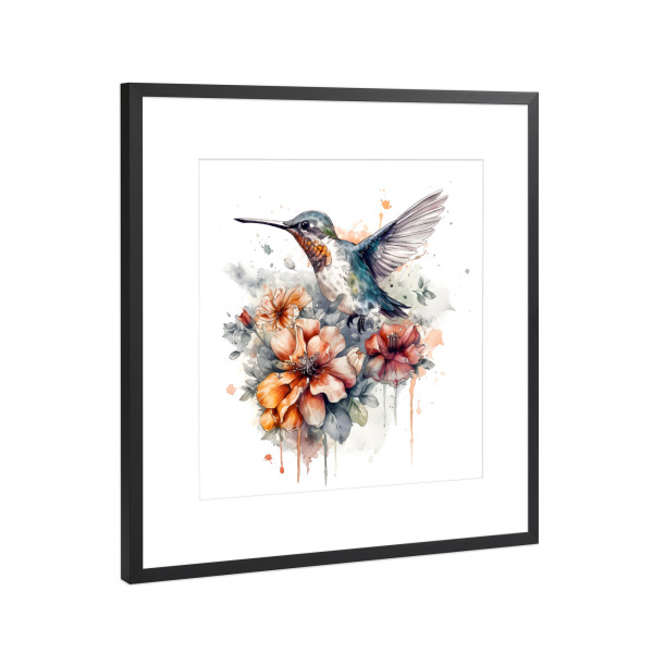 Poster mit Rahmen Schwarz (Metallic) "Kolibri I" artboxONE - Floral,Tiere - Tiere,Vögel,Kolibri,Blumen,Blume,Bunt,Aquarell