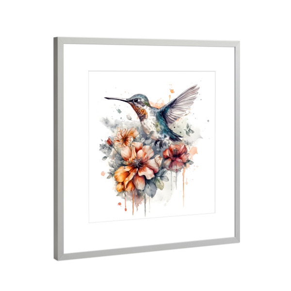 Poster mit Rahmen Silber "Kolibri I" artboxONE - Floral,Tiere - Tiere,Vögel,Kolibri,Blumen,Blume,Bunt,Aquarell