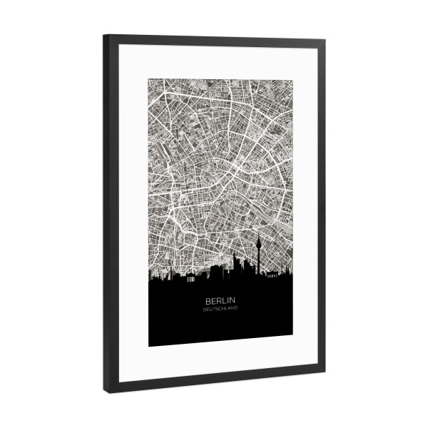 Poster mit Rahmen Schwarz (Metallic) "Berlin Skyline Karte BW" artboxONE - Städte,Städte / Berlin