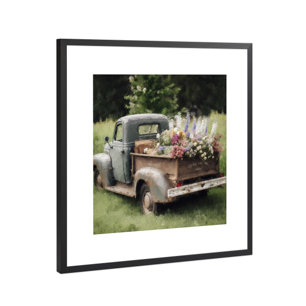 Poster mit Rahmen Schwarz (Metallic) "Blumenpflücker J" artboxONE - Natur,Floral,Automobile - Vintage,Blumen,Blume,Feld,Natur,Pickup,Lkw,Automobil