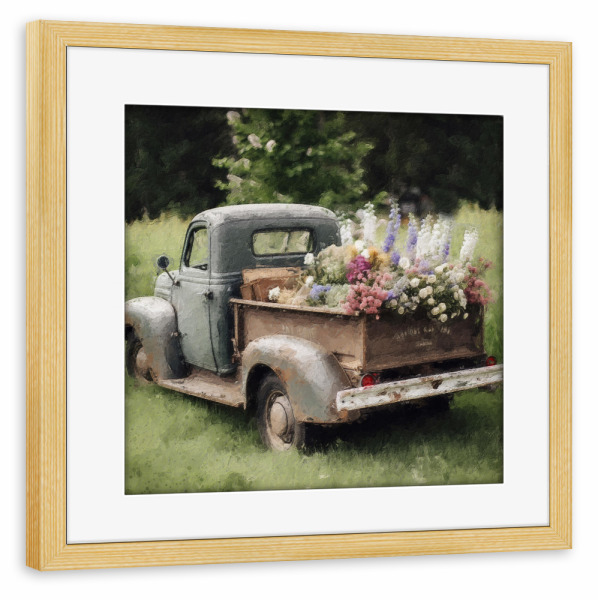 Poster mit Rahmen kiefer "Blumenpflücker J" artboxONE - Natur,Floral,Automobile - Vintage,Blumen,Blume,Feld,Natur,Pickup,Lkw,Automobil