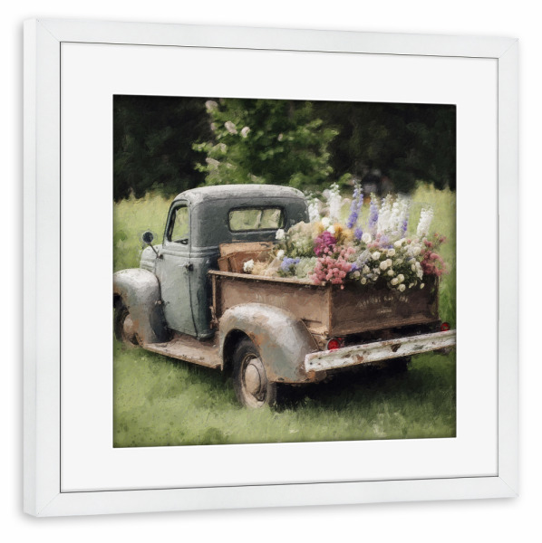 Poster mit Rahmen weiß "Blumenpflücker J" artboxONE - Natur,Floral,Automobile - Vintage,Blumen,Blume,Feld,Natur,Pickup,Lkw,Automobil