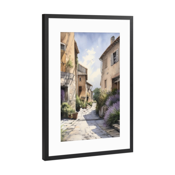Poster mit Rahmen Schwarz (Metallic) "Dorfgasse A" artboxONE - Natur,Floral,Architektur - Dorf,Lavendel,Gasse,Blick auf die straße,Architektur,Häuser