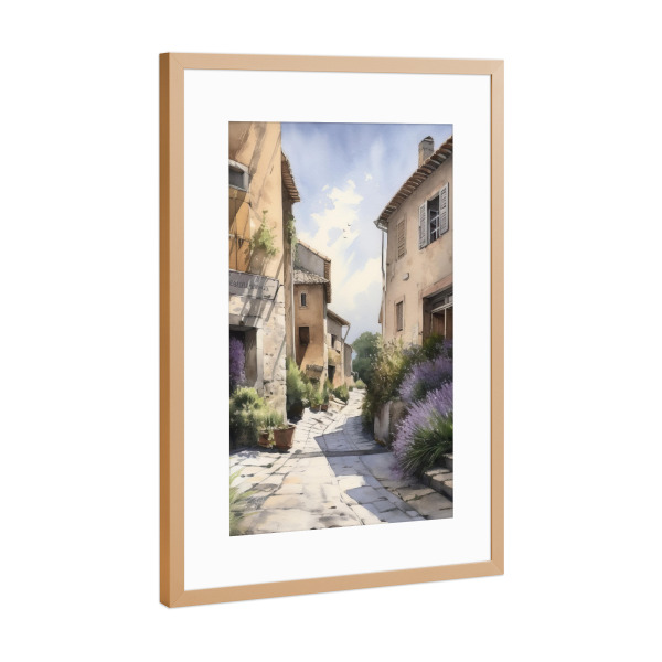 Poster mit Rahmen Kupfer "Dorfgasse A" artboxONE - Natur,Floral,Architektur - Dorf,Lavendel,Gasse,Blick auf die straße,Architektur,Häuser