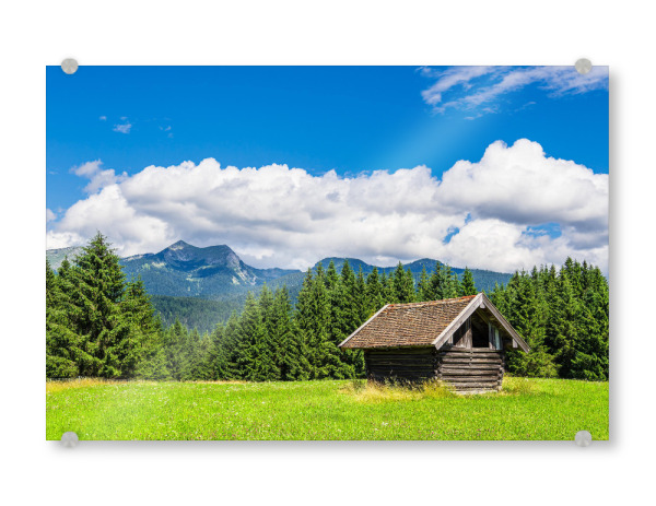 Acrylglasbild "Wiese, Holzhütte, Wolken, Wald" artboxONE - Natur,Reise,Architektur