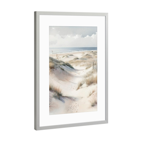 Poster mit Rahmen Silber "Weiches Küsten-C" artboxONE - Reise / Strand und Meer - Küste,Strand,Ozean,Meer,Ufer,Sanddünen,Natur,Sand,Aquarell