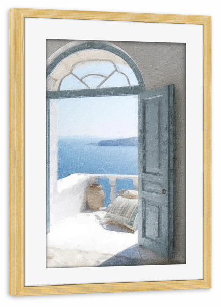 Poster mit Rahmen kiefer "Blaue griechische Tür G" artboxONE - Natur,Architektur,Städte / Weitere - Tür,Eingang,Architektur,Griechenland,Balkon,Meer