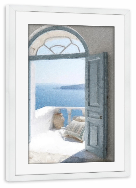 Poster mit Rahmen weiß "Blaue griechische Tür G" artboxONE - Natur,Architektur,Städte / Weitere - Tür,Eingang,Architektur,Griechenland,Balkon,Meer