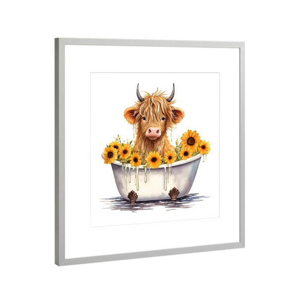 Poster mit Rahmen Silber "Highland Cow Tub C" artboxONE - Floral,Für Kinder,Tiere - Bad,Kuh,Rinder,Hochland,Wanne,Niedlich,Blumen,Blumen,Sonnenblumen