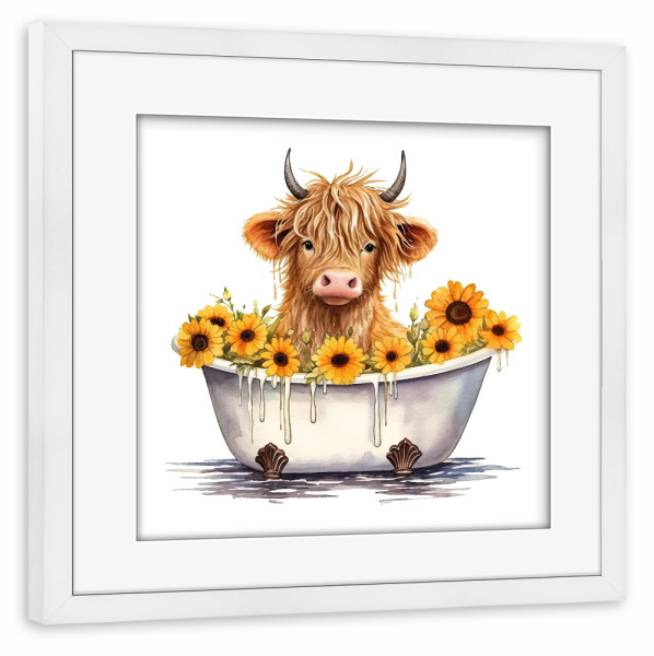Poster mit Rahmen weiß "Highland Cow Tub C" artboxONE - Floral,Für Kinder,Tiere - Bad,Kuh,Rinder,Hochland,Wanne,Niedlich,Blumen,Blumen,Sonnenblumen