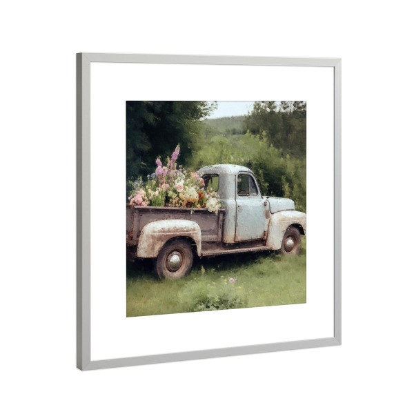 Poster mit Rahmen Silber "Blumenabholung G" artboxONE - Natur,Floral,Automobile - Vintage,Blumen,Blume,Feld,Natur,Automobil,Lkw,Pickup