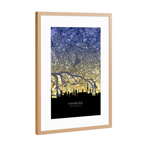 Poster mit Rahmen Kupfer "Hamburger Skyline-Karte Dawn" artboxONE - Städte