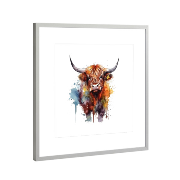 Poster mit Rahmen Silber "Bunte Hochlandkuh D" artboxONE - Tiere,Abstrakt - Kuh,Hochland,Tiere,Rinder,Tropfen,Bunt,Mehrfarbig