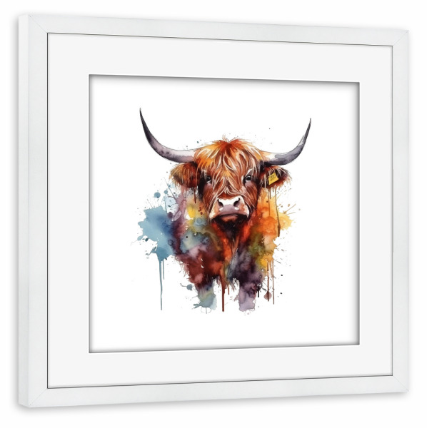 Poster mit Rahmen weiß "Bunte Hochlandkuh D" artboxONE - Tiere,Abstrakt - Kuh,Hochland,Tiere,Rinder,Tropfen,Bunt,Mehrfarbig