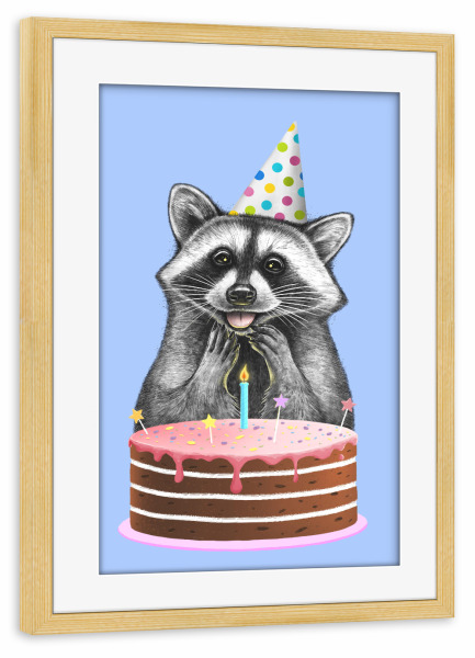 Poster mit Rahmen kiefer "Geburtstagswaschbär" artboxONE - Tiere,Essen & Trinken,Lustig
