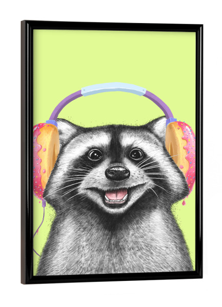 Poster mit schwarzem Rahmen "Waschbär mit Kopfhörern" artboxONE - Tiere,Musik,Lustig
