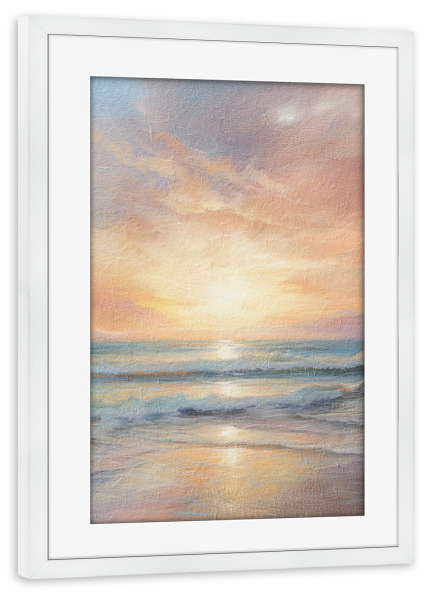 Poster mit Rahmen weiß "Ozean-Sonnenaufgang I" artboxONE - Reise / Strand und Meer - Ozean,Sonnenaufgang,Sonnenuntergang,Meer,Ufer,Sand,Wellen,Küste