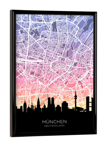 Poster mit schwarzem Rahmen "München Skyline Karte Pastell" artboxONE - Städte,Städte / München