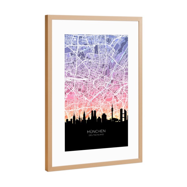 Poster mit Rahmen Kupfer "München Skyline Karte Pastell" artboxONE - Städte,Städte / München