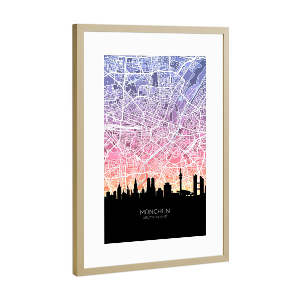 Poster mit Rahmen Gold "München Skyline Karte Pastell" artboxONE - Städte,Städte / München