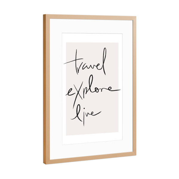Poster mit Rahmen Kupfer "Travel - Explore - Live Typo" artboxONE - Typografie,Reise,Reise / Strand und Meer,Reise / Länder