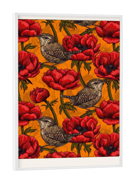Poster mit weißem Rahmen "Kirilova - Vögel in Anenomen" artboxONE - Natur,Floral,Tiere