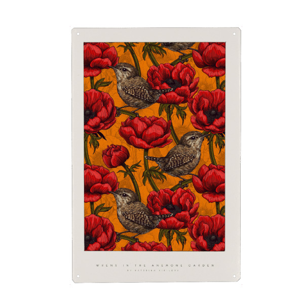 Metall Poster "Kirilova - Vögel in Anenomen" artboxONE - Natur,Floral,Tiere - Blume,Blüte,Natur,Botanik,Tropisch,Dschungel,Bunt,Farbenfroh,Vogel,Tier