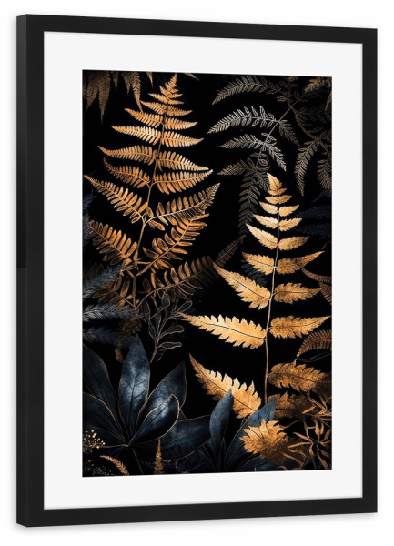 Poster mit Rahmen schwarz "Goldene Farne A" artboxONE - Natur,Floral - Farn,Farne,Wald,Natur,Blätter,Flora