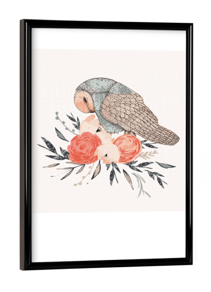 Poster mit schwarzem Rahmen "Lisa Dolson - Eule" artboxONE - Natur,Floral,Tiere - Natur,Pflanze,Blumenstrauß,Blüten,Blumen,Botanik,Eule,Tier,Vogel