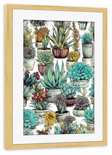 Poster mit Rahmen kiefer "Sukkulenten und Kakteen E" artboxONE - Natur,Floral - Sukkulenten,Kakteen,Kaktus,Natur,Blumen,Botanische,Blatt,Blumen