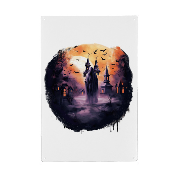 Metall Poster "Spooky Castle Silhouette Ghost" artboxONE - Natur,Abstrakt,Architektur,Festivals,Halloween