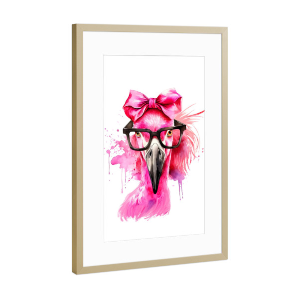 Poster mit Rahmen Gold "Rosa Flamingo mit Brille" artboxONE - Tiere,Fashion,Für Mama,Festivals