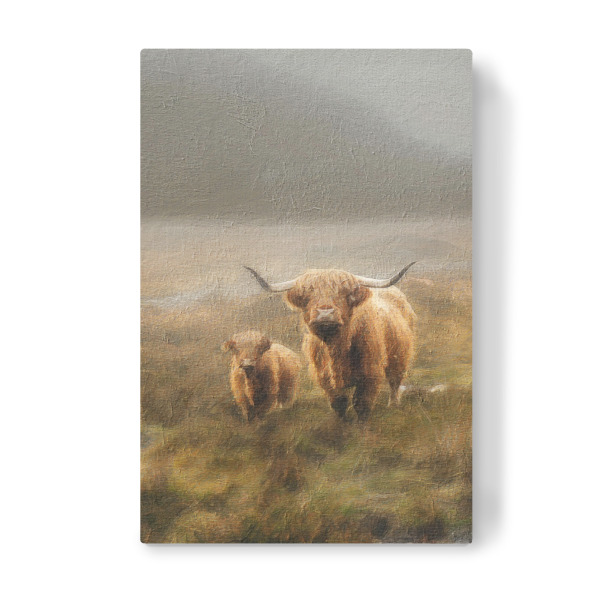 Leinwandbild "Hochlandrinder und Baby" artboxONE - Natur,Tiere - Tiere,Kuh,Hochland,Landschaft,Mutter und baby,Feld,Berg,Natur