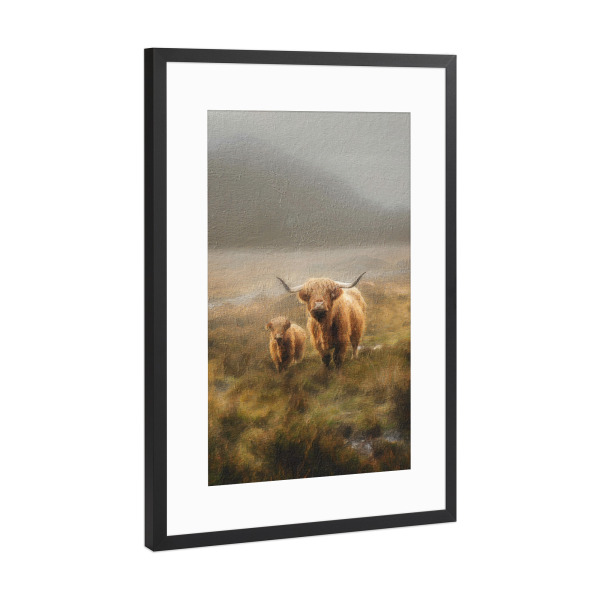 Poster mit Rahmen Schwarz (Metallic) "Hochlandrinder und Baby" artboxONE - Natur,Tiere - Tiere,Kuh,Hochland,Landschaft,Mutter und baby,Feld,Berg,Natur