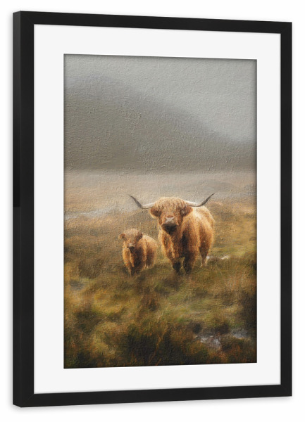 Poster mit Rahmen schwarz "Hochlandrinder und Baby" artboxONE - Natur,Tiere - Tiere,Kuh,Hochland,Landschaft,Mutter und baby,Feld,Berg,Natur