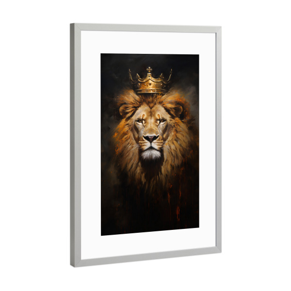 Poster mit Rahmen Silber "Lion King Crown 2 (matart)" artboxONE - Tiere - Löwe,Löwen,Tier,Tiere,Natur,Wild,Tierwelt,König,Krone,Blumen